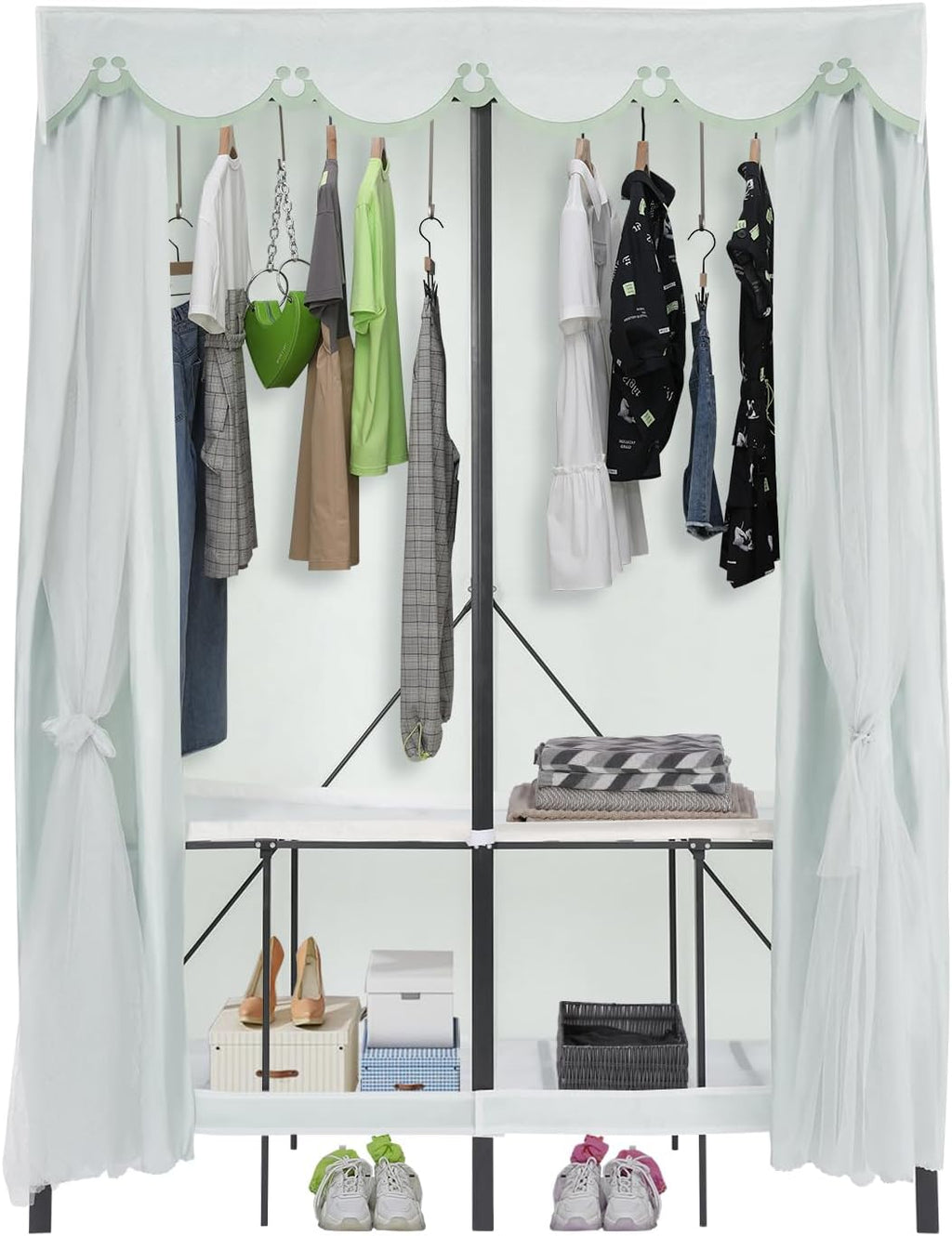 50x20x68 inch Wardrobe Closet Rack with Cover, 1100lbs Capacity Heavy-duty Metal Clothing Coat Storage Rack, Foldable Garment Rack for Hanging Clothes for Bedroom (Green)