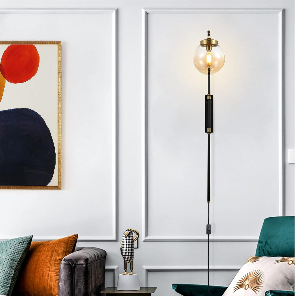 ELEHINSER Black Wall Sconces Set of 2 with Globe Shade, Modern Indoor Plug in Wall Lamps with Switch, Angle Adjustable Light for Bedroom Living Room Study Hallway Bedside