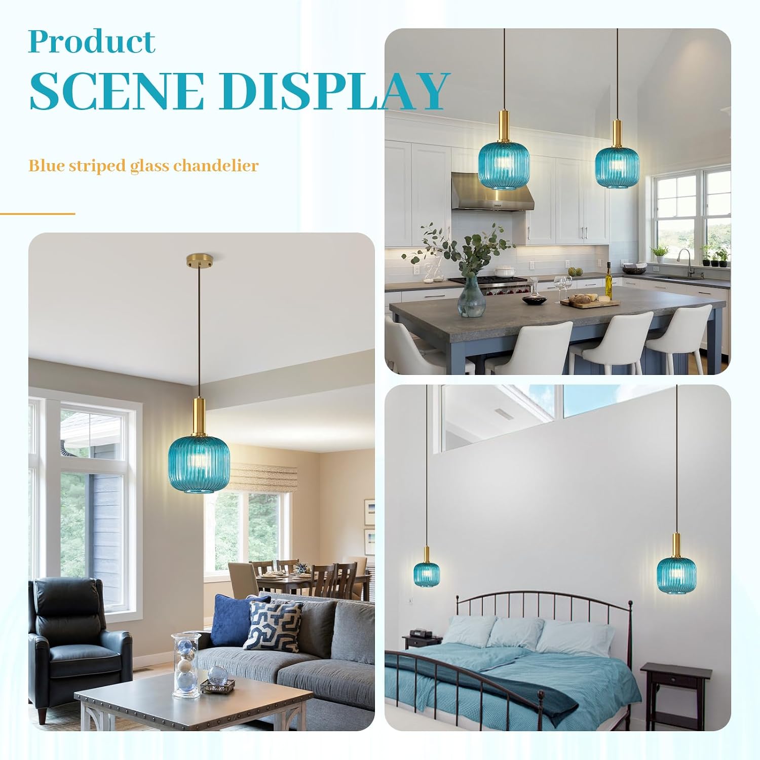 Modern Blue Pendant Light, Glass Hanging Light with Gold Finished, Mid Century Kitchen Lighting Fixture Ceiling Hanging, Coastal Pendant Lighting for Dining Room Kitchen Island
