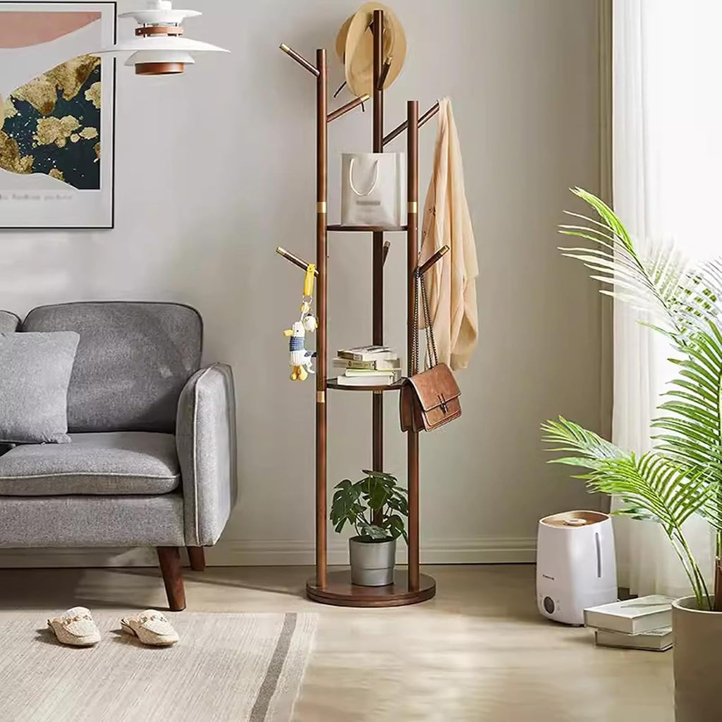 Bamboo Clothes Hanging Rack with 3 Tier Storage Shelves and 9 Coat Hooks, Portable Clothing Organizer Hat Tree Garment Rack for Bedroom Guest Room