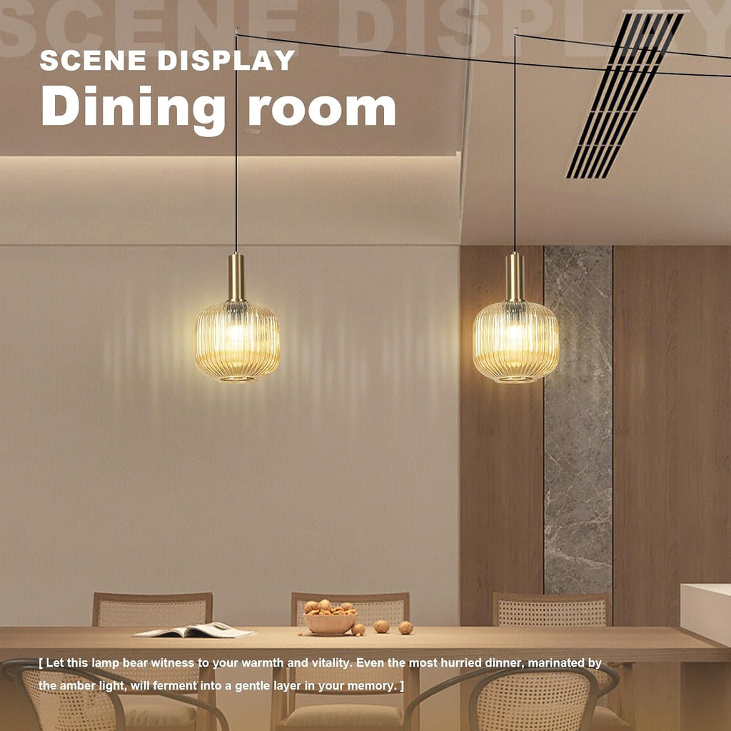 Amber Glass Plug in Pendant Light 2 Pack, Mid-Century Modern Gold Hanging Lamp, Ribbed Globe Hanging Light Plug in Swag Lights for Kitchen Island, Dining Room, Living Room, Bedroom
