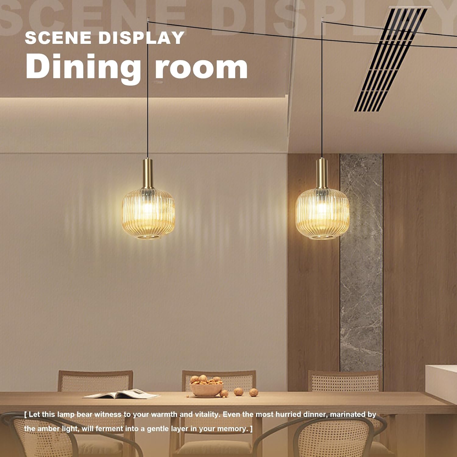 Amber Glass Plug in Pendant Light 2 Pack, Mid-Century Modern Gold Hanging Lamp, Ribbed Globe Hanging Light Plug in Swag Lights for Kitchen Island, Dining Room, Living Room, Bedroom