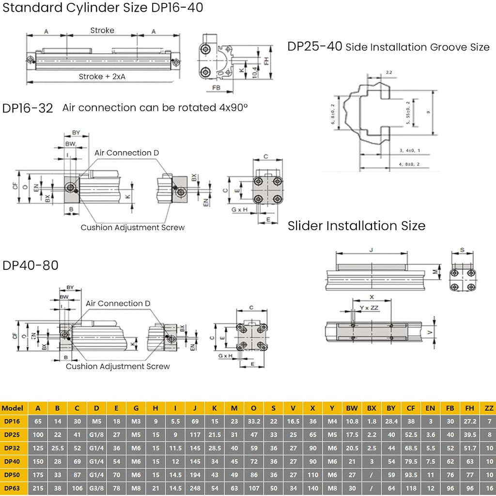 Pneumatic Rodless Cylinder 32mm Bore 200mm Stroke Mechanical Double Acting Air Cylinder 8bar