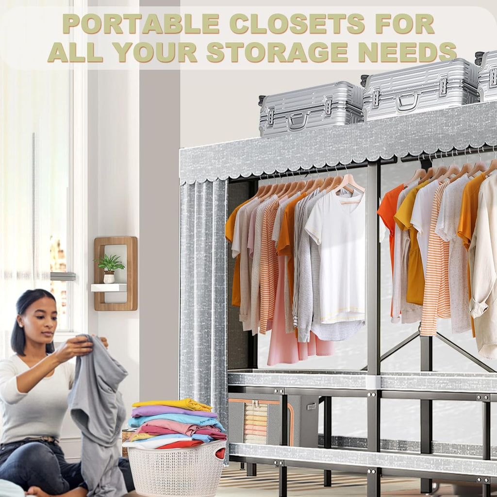 Portable Wardrobe Closet, Collapsible Clothes Rack, Freestanding Garment Rack with Cover, Large Rolling Garment Rack for Hanging Clothes, Coat Storage Organizer (Grey, 49.2in/125cm)