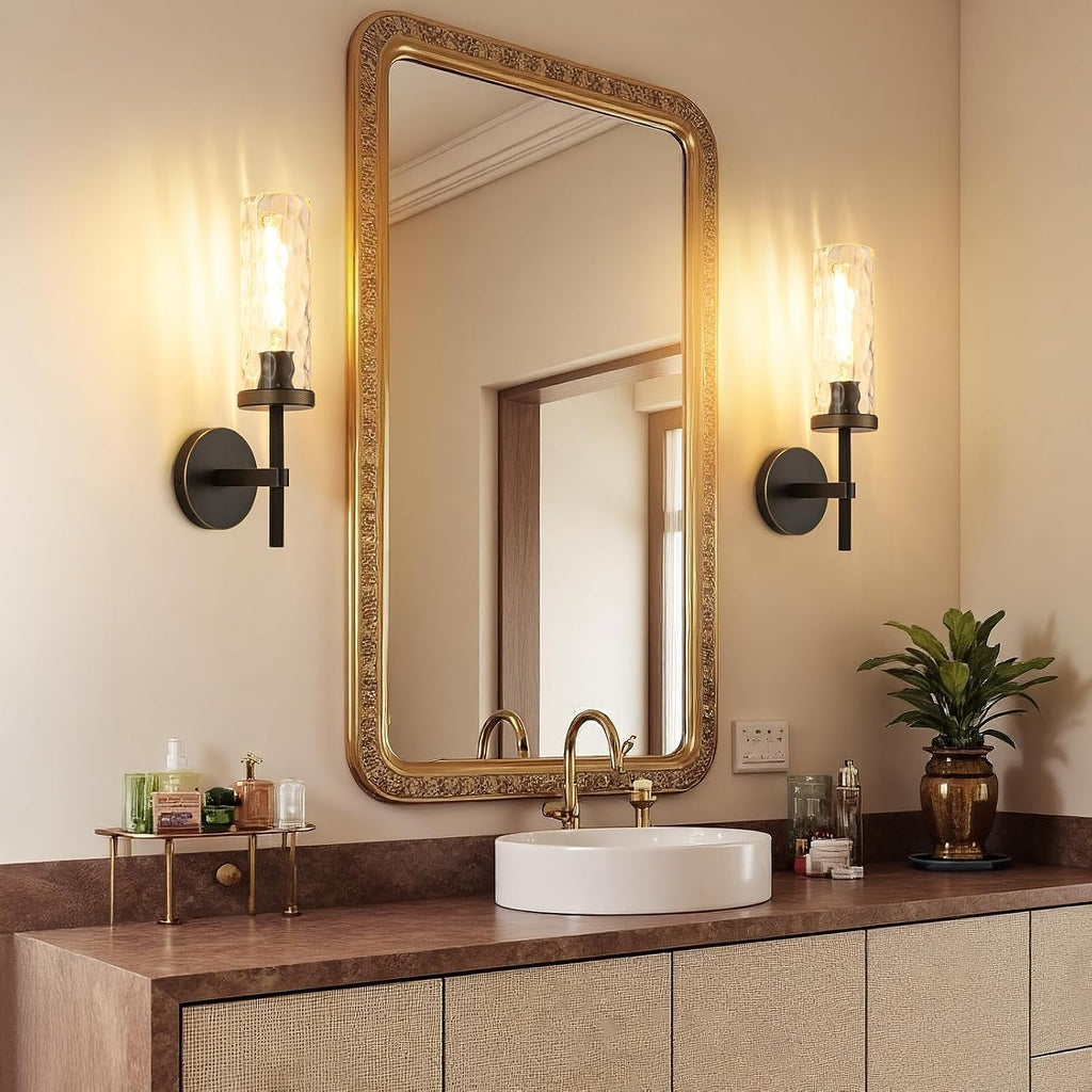 15' Knurled Brass Wall Sconces Set of 2, Black Gold Bathroom Vanity Light Fixtures with Water Ripples Glass Tube, Modern Lamp Lighting for Bedroom, Living Room, Hallway, Staircase, Mirror, Kitchen