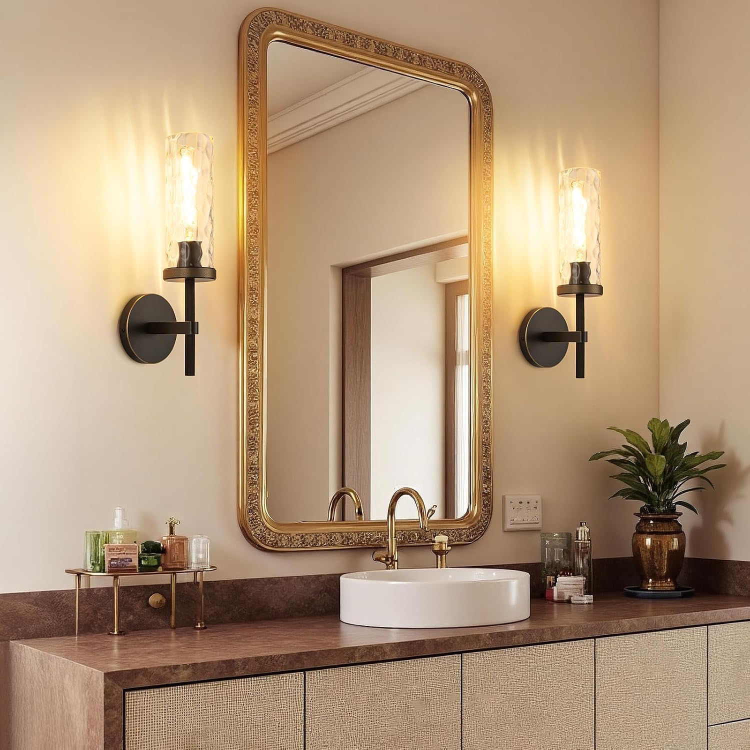 15' Knurled Brass Wall Sconces Set of 2, Black Gold Bathroom Vanity Light Fixtures with Water Ripples Glass Tube, Modern Lamp Lighting for Bedroom, Living Room, Hallway, Staircase, Mirror, Kitchen