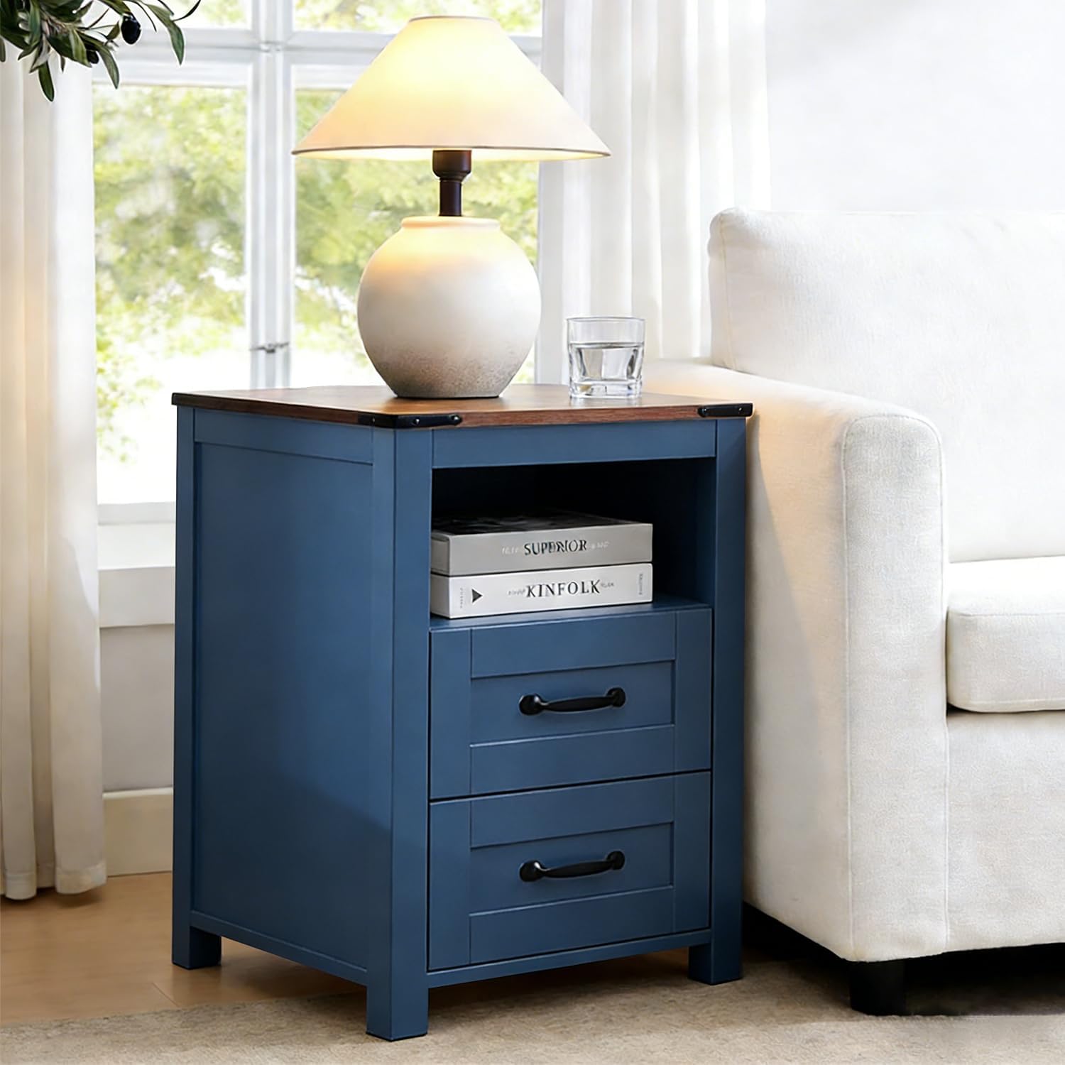 Farmhouse Nightstand Set of 2, Bedside Table with 2 Drawers Storage, End Table with Open Shelf, Night Stand for Bedroom Without Charging Station, Blue