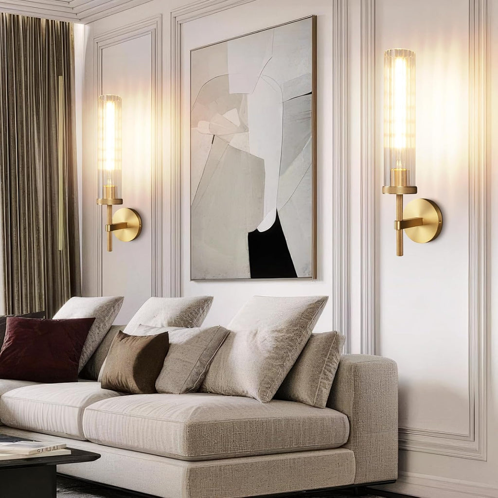 19.5' Knurled Brass Wall Sconces Set of 2, Gold Bathroom Vanity Light Fixtures with Vertical Striped Glass Tube, Modern Lamp Lighting for Bedroom, Living Room, Hallway, Staircase, Mirror, Kitchen