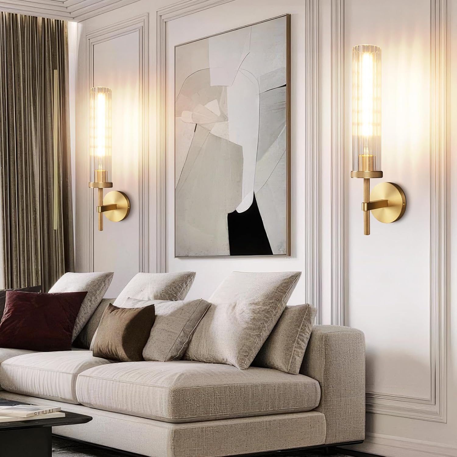 19.5' Knurled Brass Wall Sconces Set of 2, Gold Bathroom Vanity Light Fixtures with Vertical Striped Glass Tube, Modern Lamp Lighting for Bedroom, Living Room, Hallway, Staircase, Mirror, Kitchen