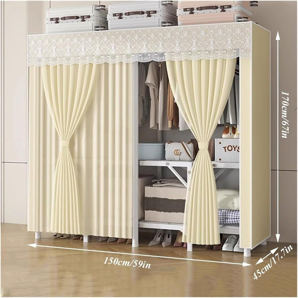 Clothes Rail Garment Rack Foldable Wardrobe Closet Rack, Heavy Duty Portable Closets With Cover Bedroom Armoires Freestanding Clothing Rolling Garment Racks For Hanging Clothes Load 2000lbs(Yellow,150