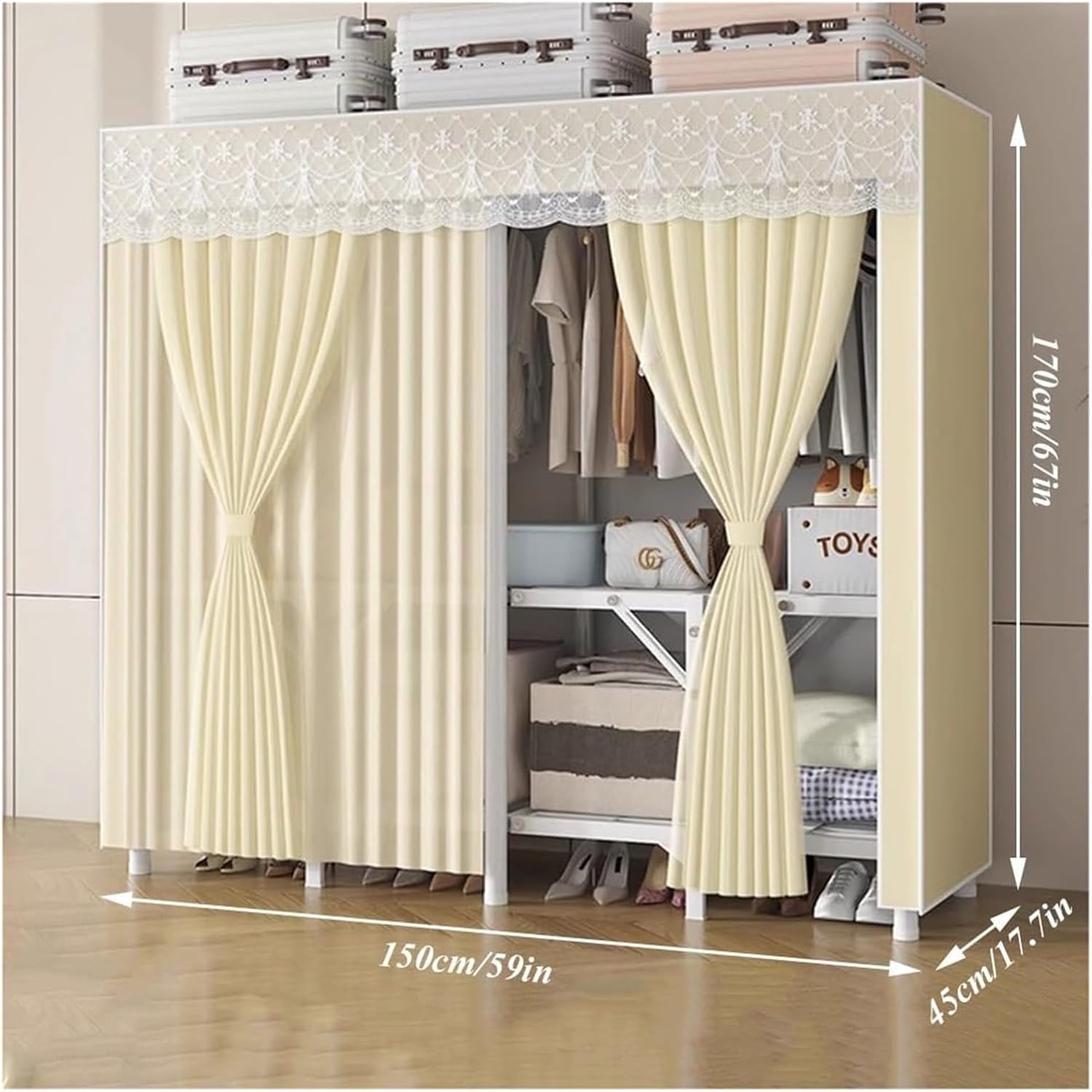 Clothes Rail Garment Rack Foldable Wardrobe Closet Rack, Heavy Duty Portable Closets With Cover Bedroom Armoires Freestanding Clothing Rolling Garment Racks For Hanging Clothes Load 2000lbs(Yellow,150