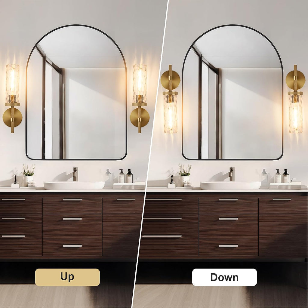 15' Knurled Brass Wall Sconces Set of 2, Gold Bathroom Vanity Light Fixtures with Water Ripples Glass Tube, Modern Lamp Lighting for Bedroom, Living Room, Hallway, Staircase, Mirror, Kitchen