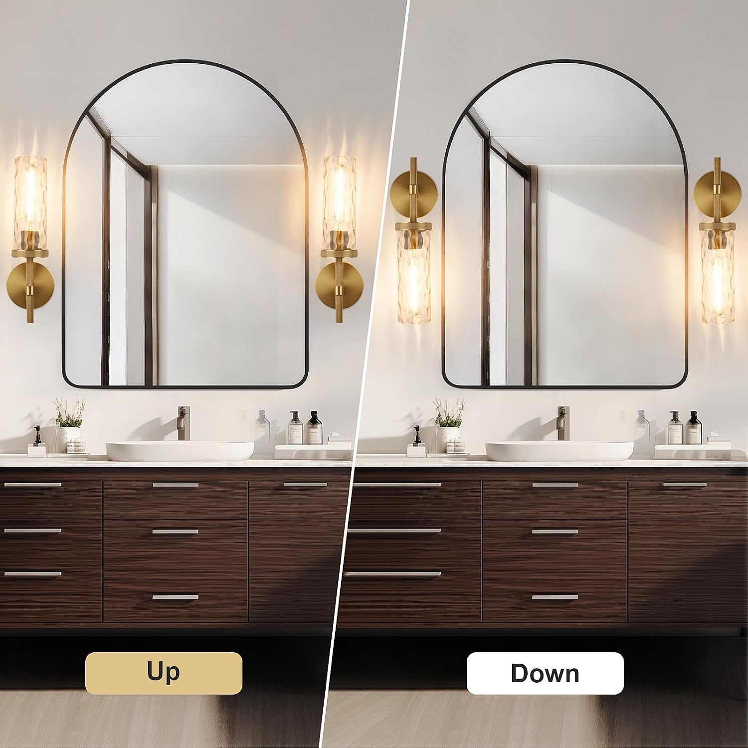 15' Knurled Brass Wall Sconces Set of 2, Gold Bathroom Vanity Light Fixtures with Water Ripples Glass Tube, Modern Lamp Lighting for Bedroom, Living Room, Hallway, Staircase, Mirror, Kitchen