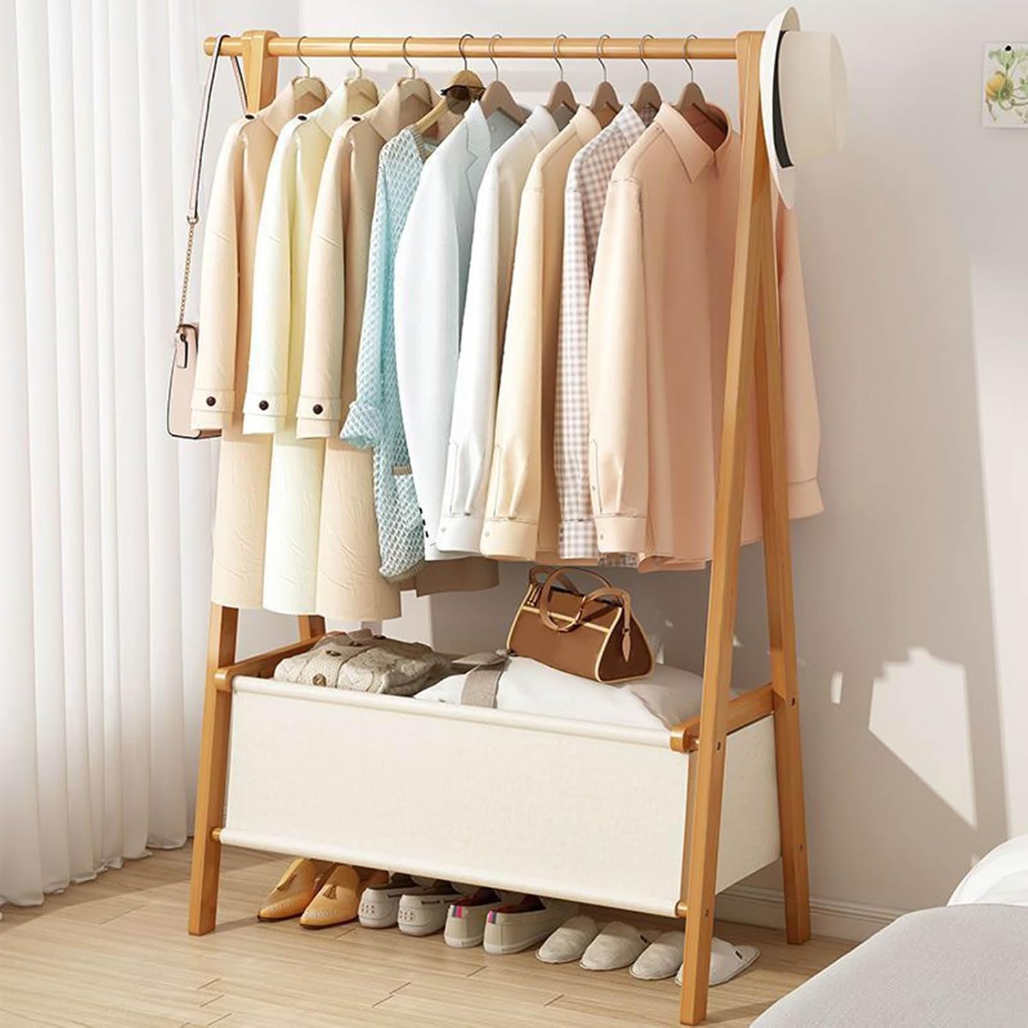 Floor-Standing Solid Wood Rotating Coat Rack，Bamboo Coat Rack Stand with Storage Bag - Freestanding Garment Organizer for Hanging Clothes, Stylish and Functional Storage Solution for Bedroom