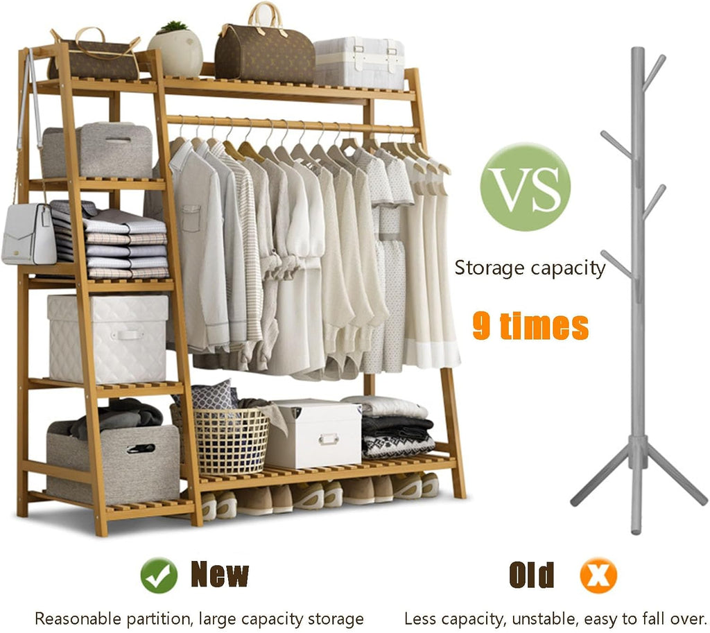 Bamboo Trapezoid Clothing Rack, Garment Rack with 5-Tier Storage Shelves Multi-Functional Clothes Hanging Rack Stand for Bedroom Living Room, Natural