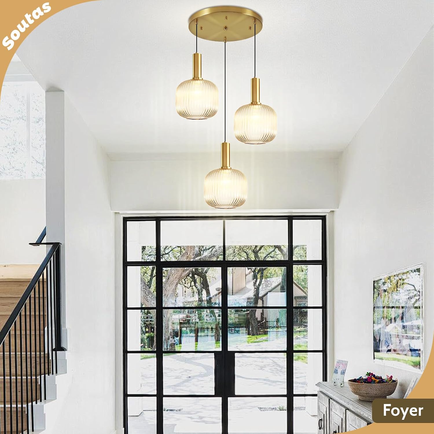 3-Light Gold Cluster Light Fixtures Modern Amber Glass Ceiling Chandelier Lights Brushed Brass Kitchen Island Pendant Light for Corridor Dining Room Entryway Stair