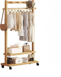 Bamboo Garment Rack with Double Shelves, Freestanding Clothes Hanging Stand for Bedroom, Heavy Duty Open Wardrobe with Side Hooks and Top Rod for Coats Dresses(Natural,W/wheels,40.6in)