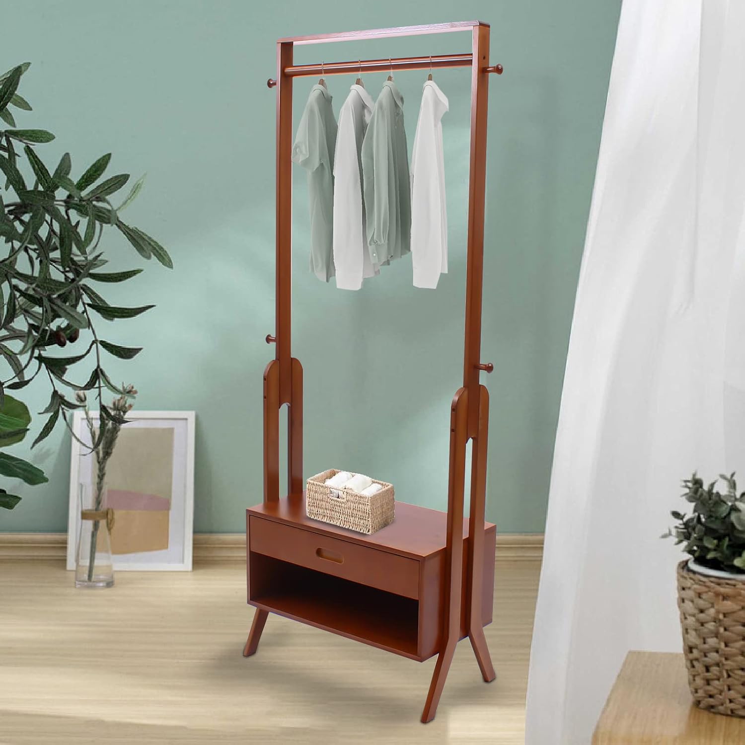 TFCFL Heavy Duty Garment Rack 2-in-1Nan Bamboo Clothes Rack Multi-Purpose Coat Rack with a Hanging Rod, Storage Cabinet and 4 Hooks for Living Room, Bedroom