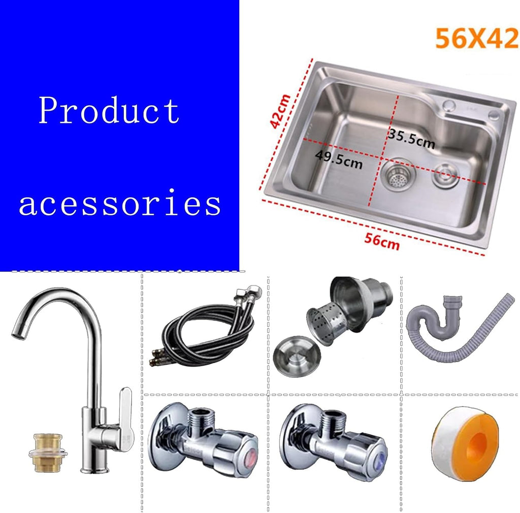 Stainless Steel Kitchen Sink - Top-Mounted Single Bowl Washbasin with Hot and Cold Water Tap, Drain Filter, and Inlet Pipes,One Color-56x42cm