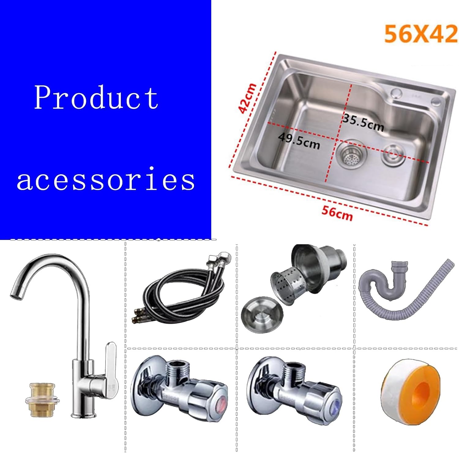 Stainless Steel Kitchen Sink - Top-Mounted Single Bowl Washbasin with Hot and Cold Water Tap, Drain Filter, and Inlet Pipes,One Color-56x42cm