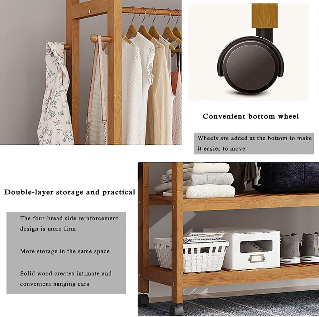 Bamboo Garment Coat Clothes Hanging Heavy Duty Rack with top Shelf and Shoe Clothing Storage Organizer Shelves,with Wheels, for Home Bedroom Entryway