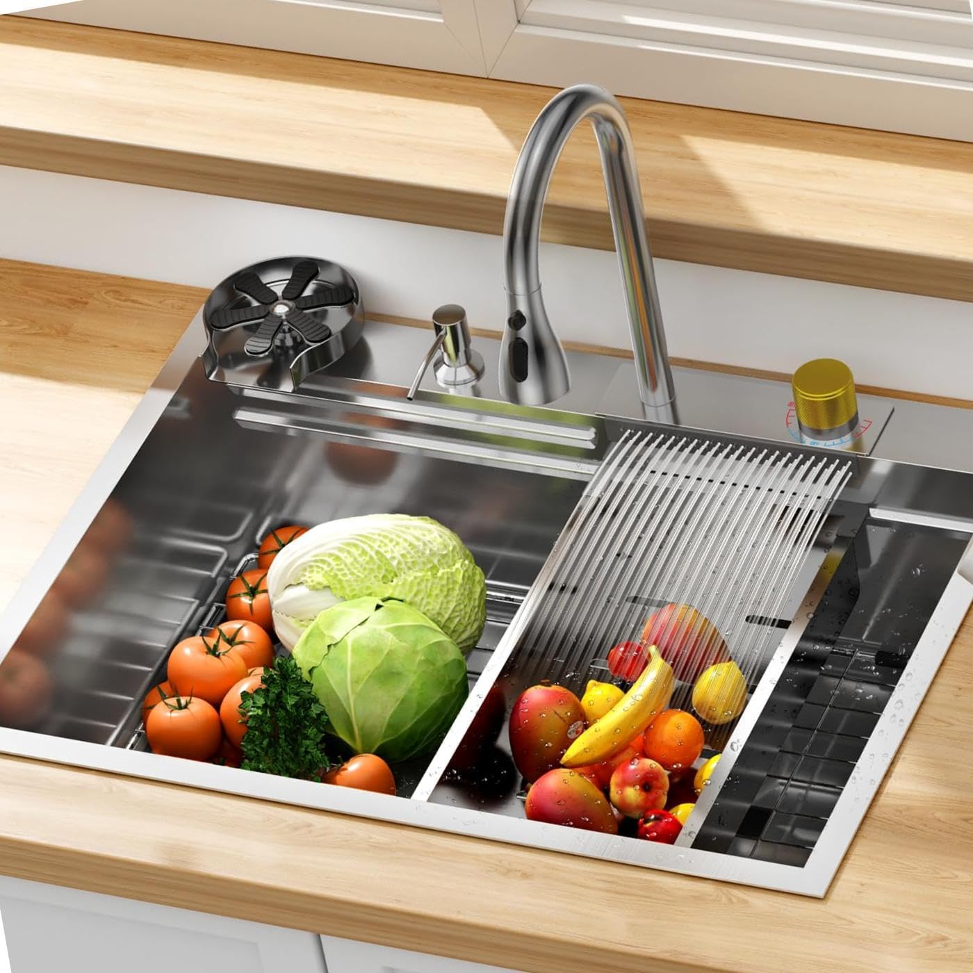 Senfot Kitchen Sinks and Faucet Combo Set with Bottom Grid & Drain Assembly, 304 Stainless Steel Handmade Modern Kitchen Sink with Pull-Out Tap, Chopping Board, Cup Washer, Size 30x 22 x 9in, Silver