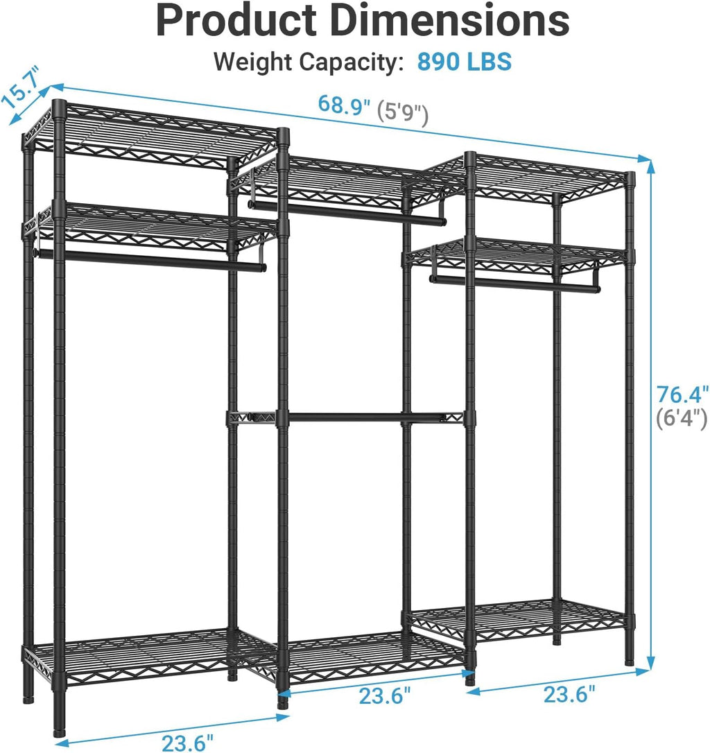 VIPEK V5i Garment Rack Heavy Duty Clothes Rack for Hanging Clothes, Portable Wardrobe Closet Freestanding Clothing Rack with 8 Adjustable Shelves & 4 Hang Rods, 68.9' L x 15.7' W x 76.4' H, Black