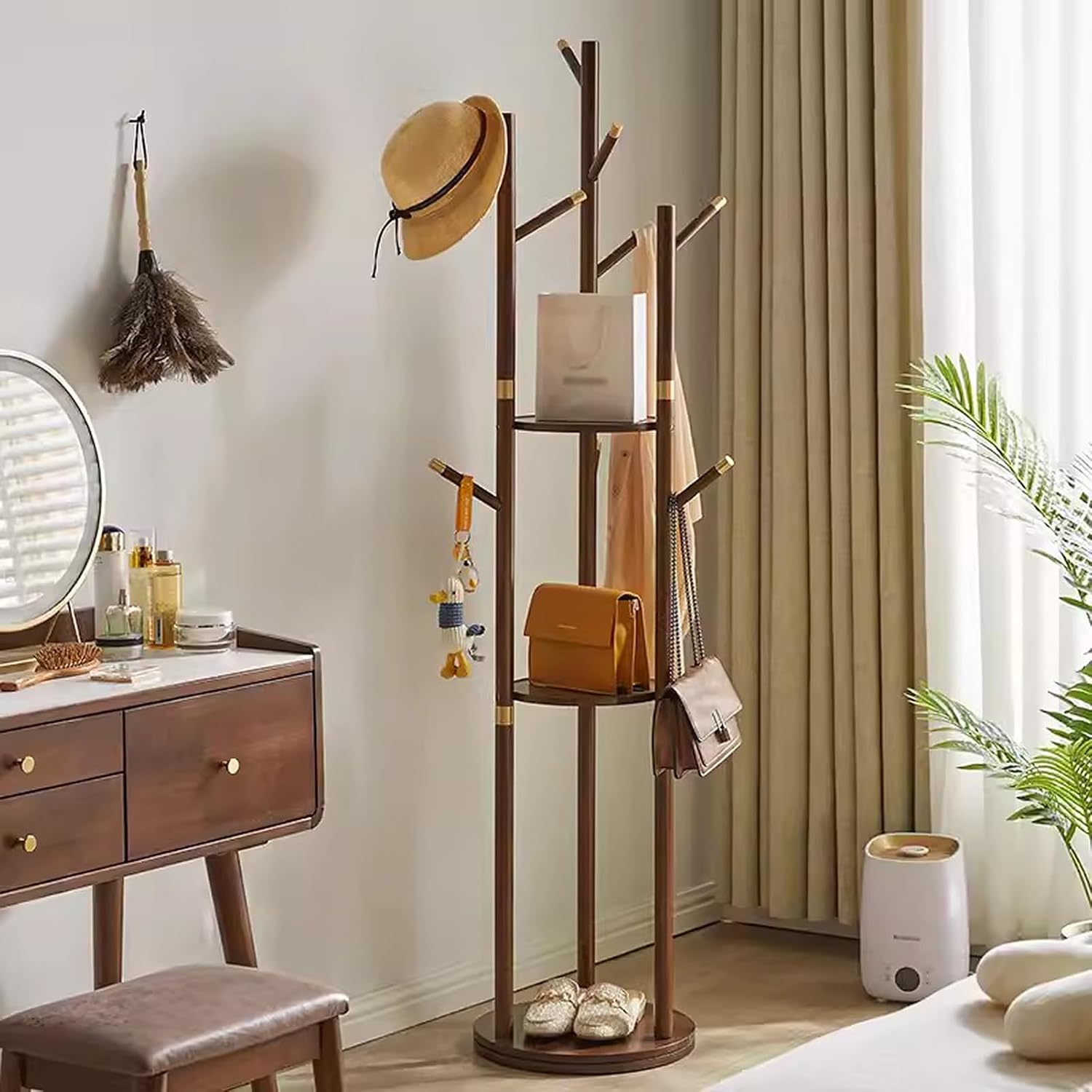 Bamboo Clothes Hanging Rack with 3 Tier Storage Shelves and 9 Coat Hooks, Portable Clothing Organizer Hat Tree Garment Rack for Bedroom Guest Room
