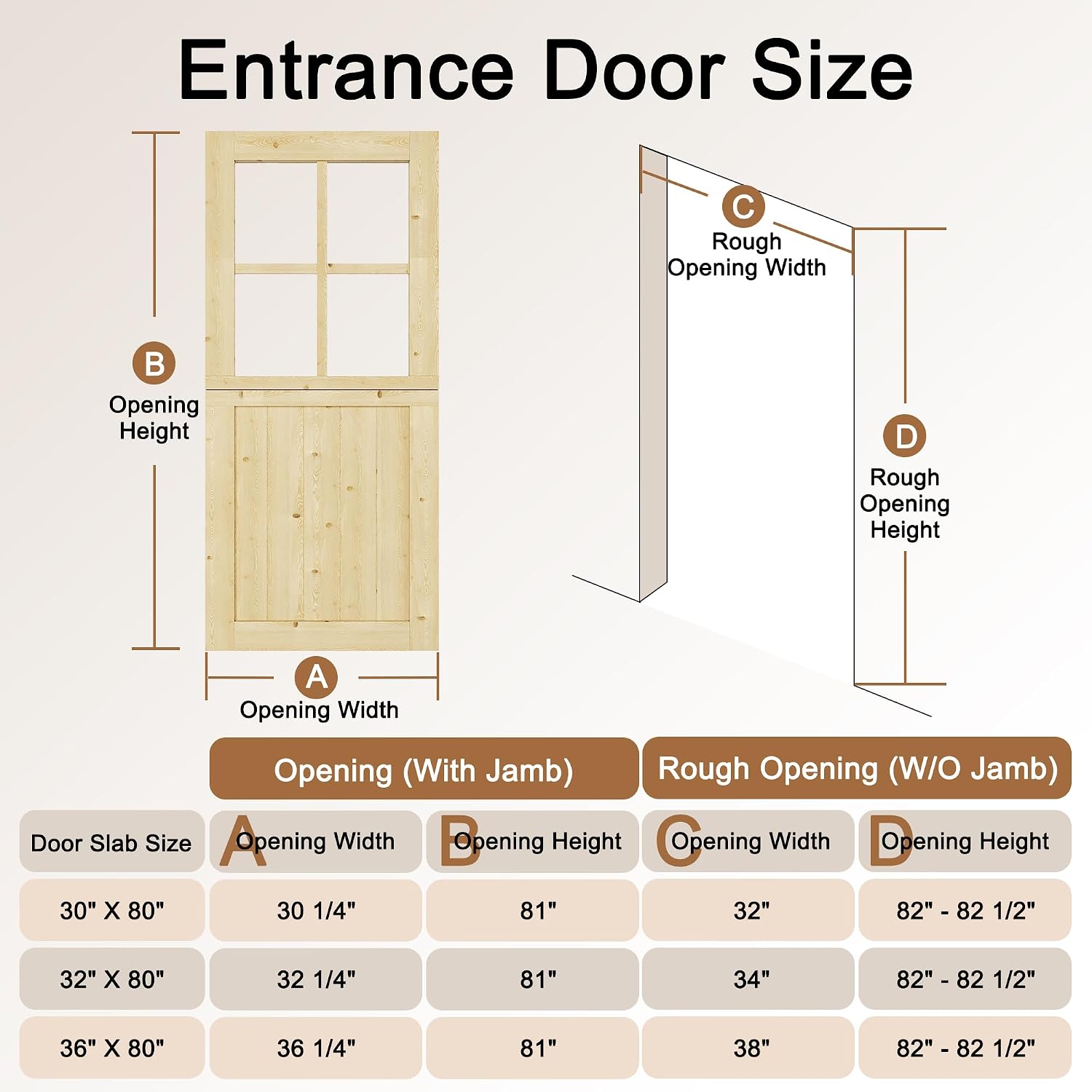 Interior & Exterior Dutch Door Slab, 30' x 80', Universal 4 Lite Tempered Clear Glass Split Single Door, Solid Core Home Door, Natural Pine Wood - with 4 Hinges & 1 Latch, Without Jamb