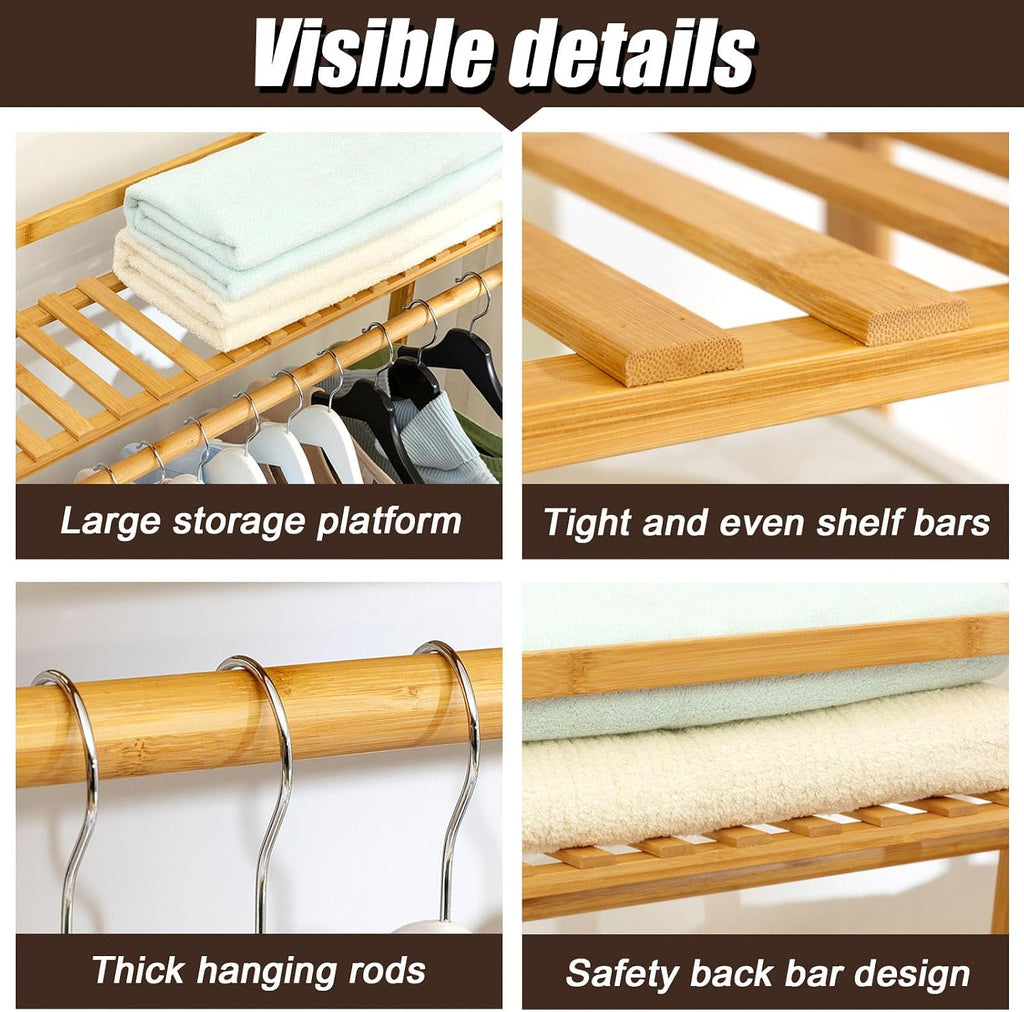 Garment Racks for Hanging Clothes - Closet System with Side Trouser Rack - Clothing Rack with 5 Tiers Shelves Bamboo Clothing Rack for Balcony,Living Room,Bedroom,Wood,145×90cm/57×35in