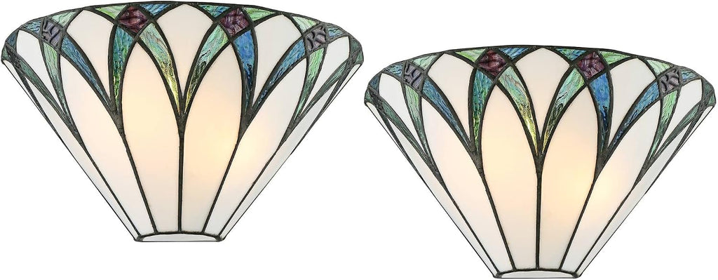 Regency Hill Filton Vintage Tiffany Style Wall Light Sconces Set of 2 Bronze Metal Hardwired 12 1/4' Fixture Blue White Art Glass for Bedroom Bathroom Vanity Living Room Home Hallway Dining