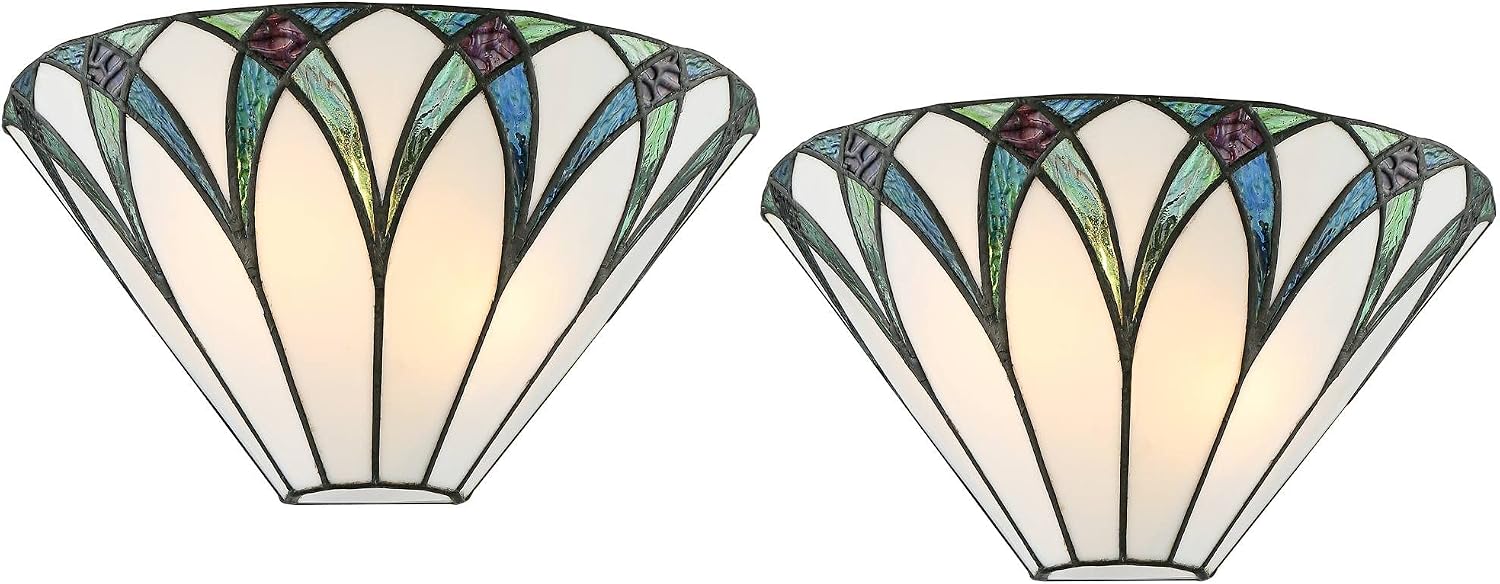 Regency Hill Filton Vintage Tiffany Style Wall Light Sconces Set of 2 Bronze Metal Hardwired 12 1/4' Fixture Blue White Art Glass for Bedroom Bathroom Vanity Living Room Home Hallway Dining