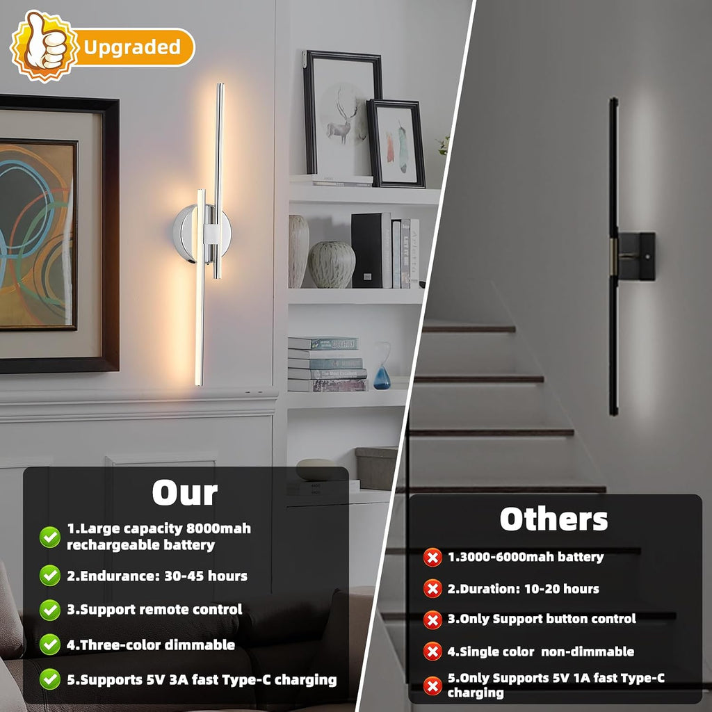 Rechargeable Battery Operated Wall Sconce Set Of Two, Chrome Wireless LED Wall Sconces With Remote Control, Dimmable 3 Colors Cordless wall lights for Living Room, bedroom, Hallway, 23.6 Inch ( 2pcs)