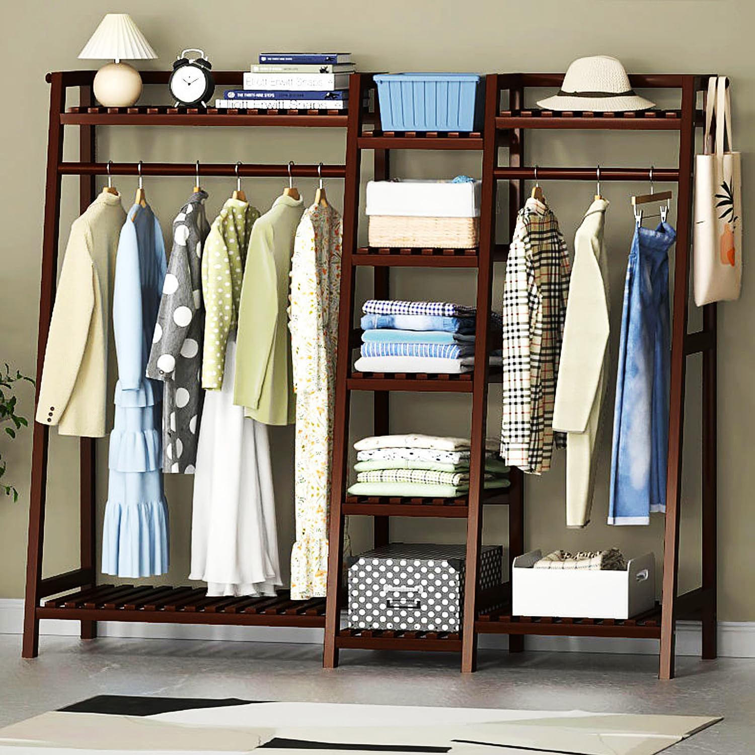 Clothes Rack Bamboo Clothing Display Racks for Retail, Floor Standing Solid Wood Garment Rack with Storage Shelves, Heavy Duty Retail Display Racks for Hanging Clothes,Brown,160cm
