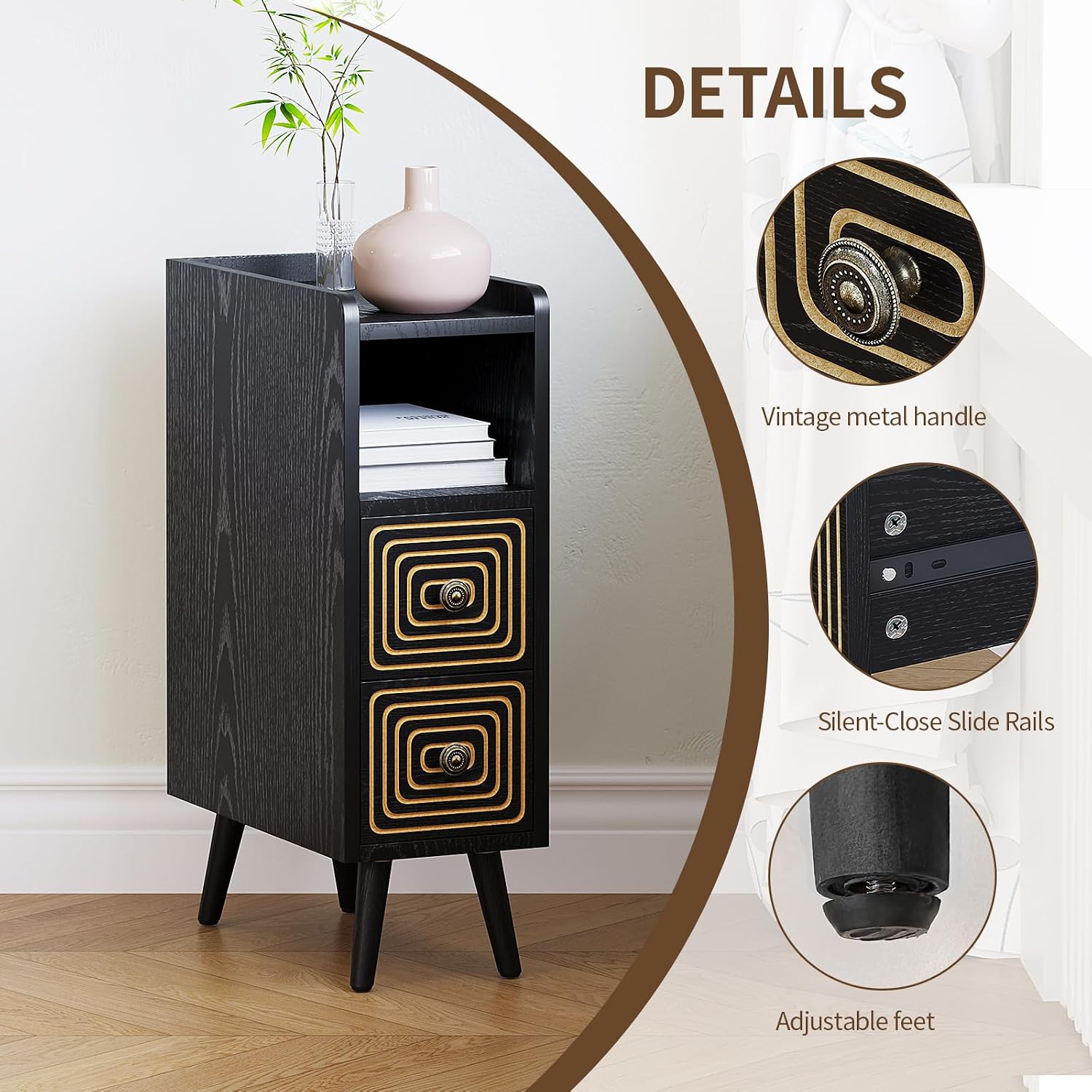 Nightstands Set of 2,Night Stand Bed Side Table with Storage Space,Wooden Bedside Table with Open Shelf,2 Drawers,End Table with Solid Wood Feet for Bedroom,College Dorm,Entryway (Black)