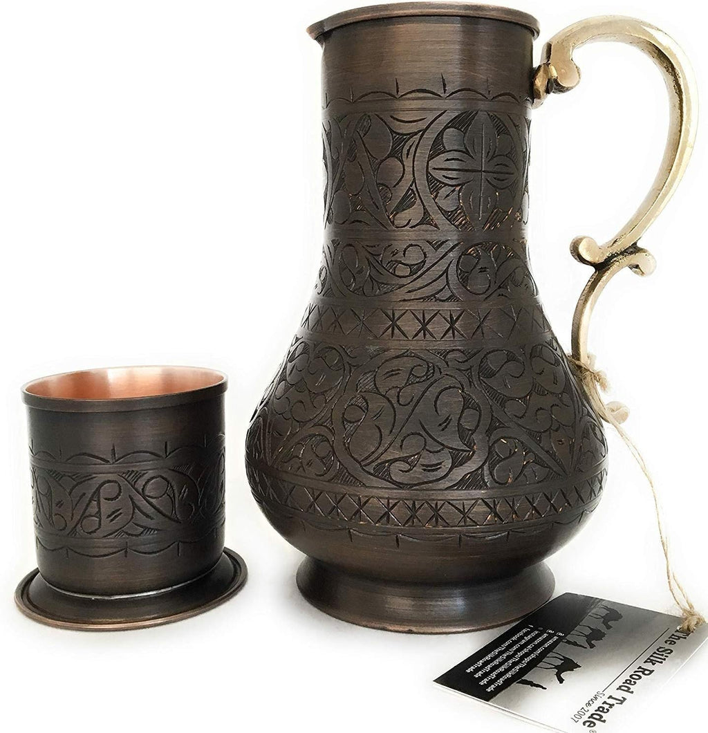 KS Series - Copper Pitcher (45 oz) and Cup (7.7 oz) Set, Moscow Mule Water Jug, Ice Tea and Juice Beverage, Desktop/Bedside Night Water Carafe, Ayurvedic Decanter (Engraved-Antique)