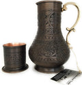 KS Series - Copper Pitcher (45 oz) and Cup (7.7 oz) Set, Moscow Mule Water Jug, Ice Tea and Juice Beverage, Desktop/Bedside Night Water Carafe, Ayurvedic Decanter (Engraved-Antique)