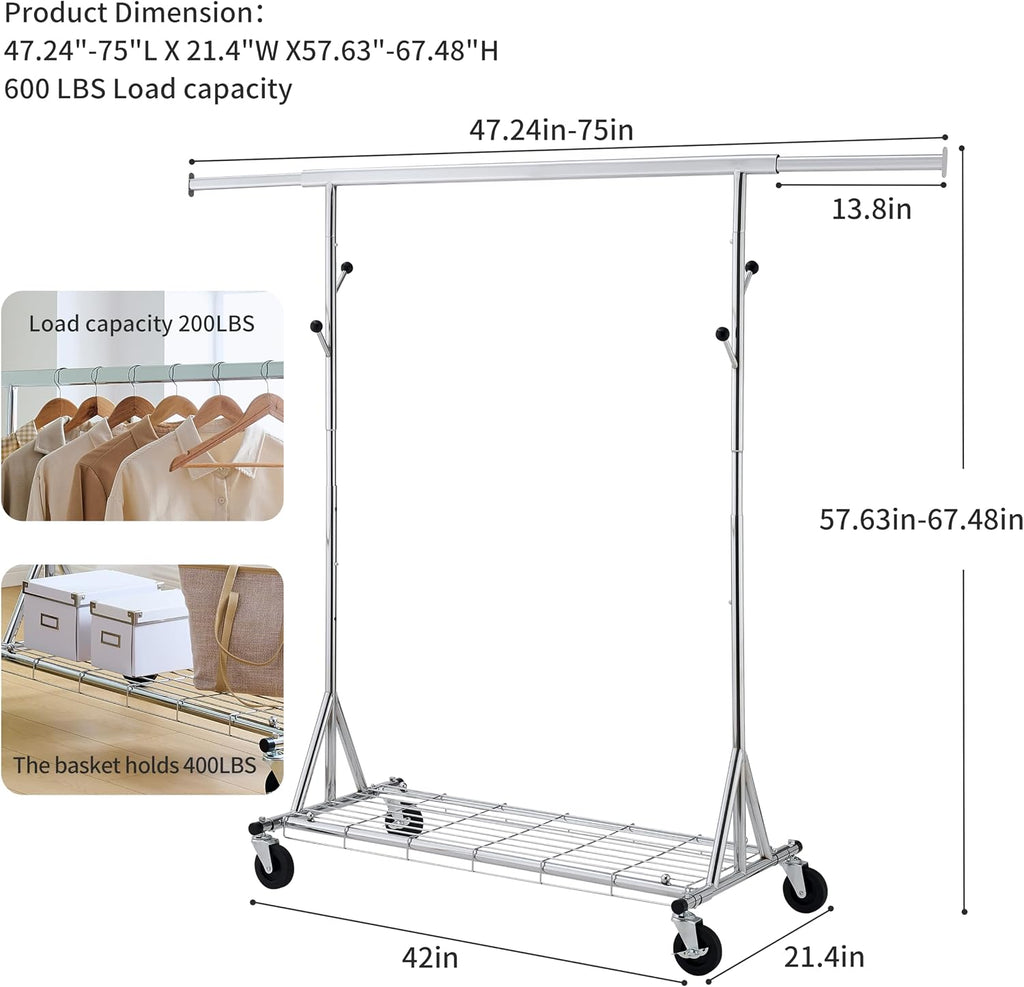 Clothes Rack Heavy Duty Clothing Rack 600LBS Rolling Clothes Racks for Hanging Clothes, Commercial Garment Rack Heavy Duty Clothes Rack Collapsible ＆ Portable Clothing Rack with Wheels