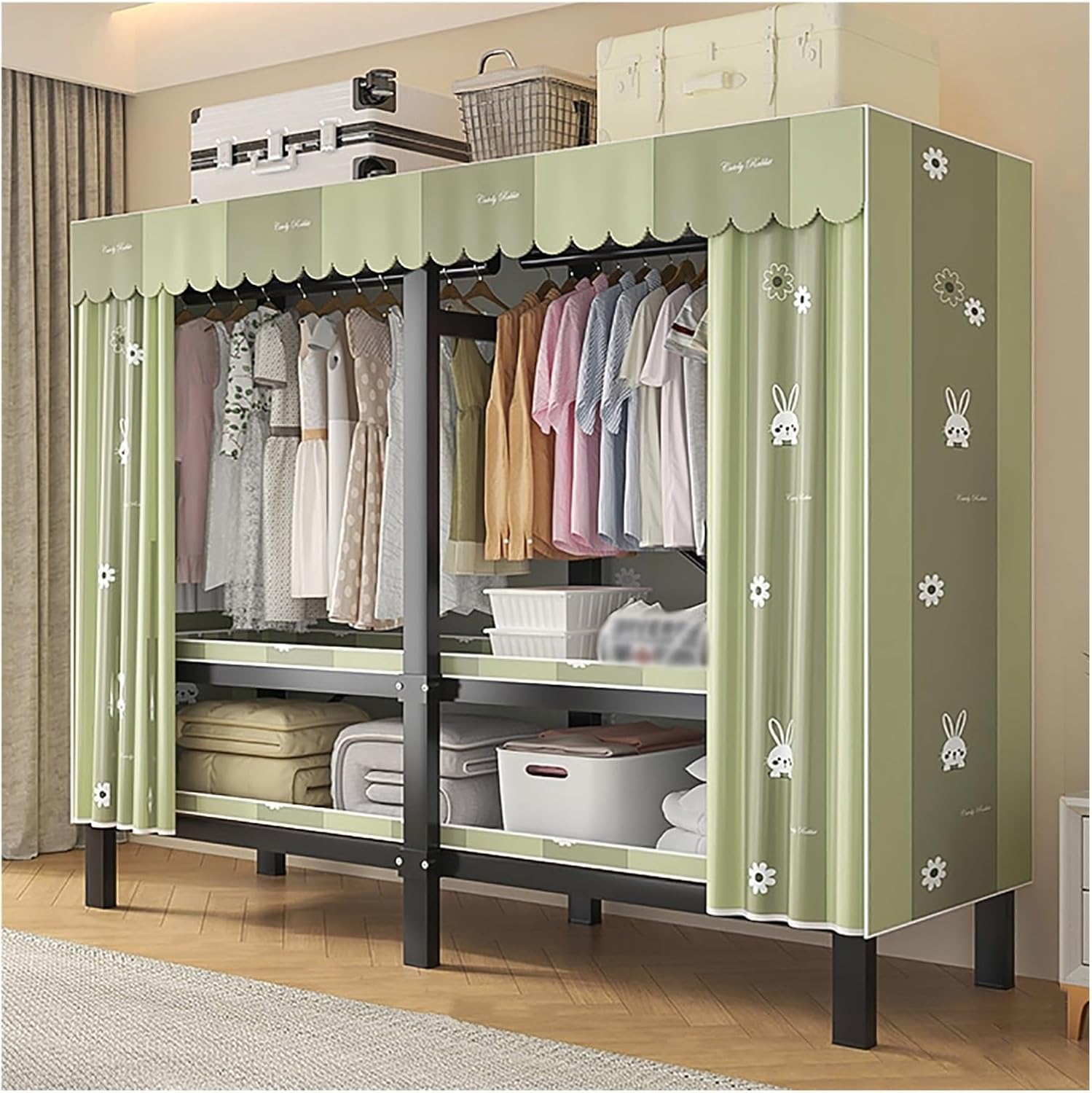 Foldable Clothe Rack with Cover, Portable Wardrobe Closet for Bedroom, Garment Rack for Hanging Clothes, Organizer Storage Closet for Bedroom(Green,127cm/50inch)