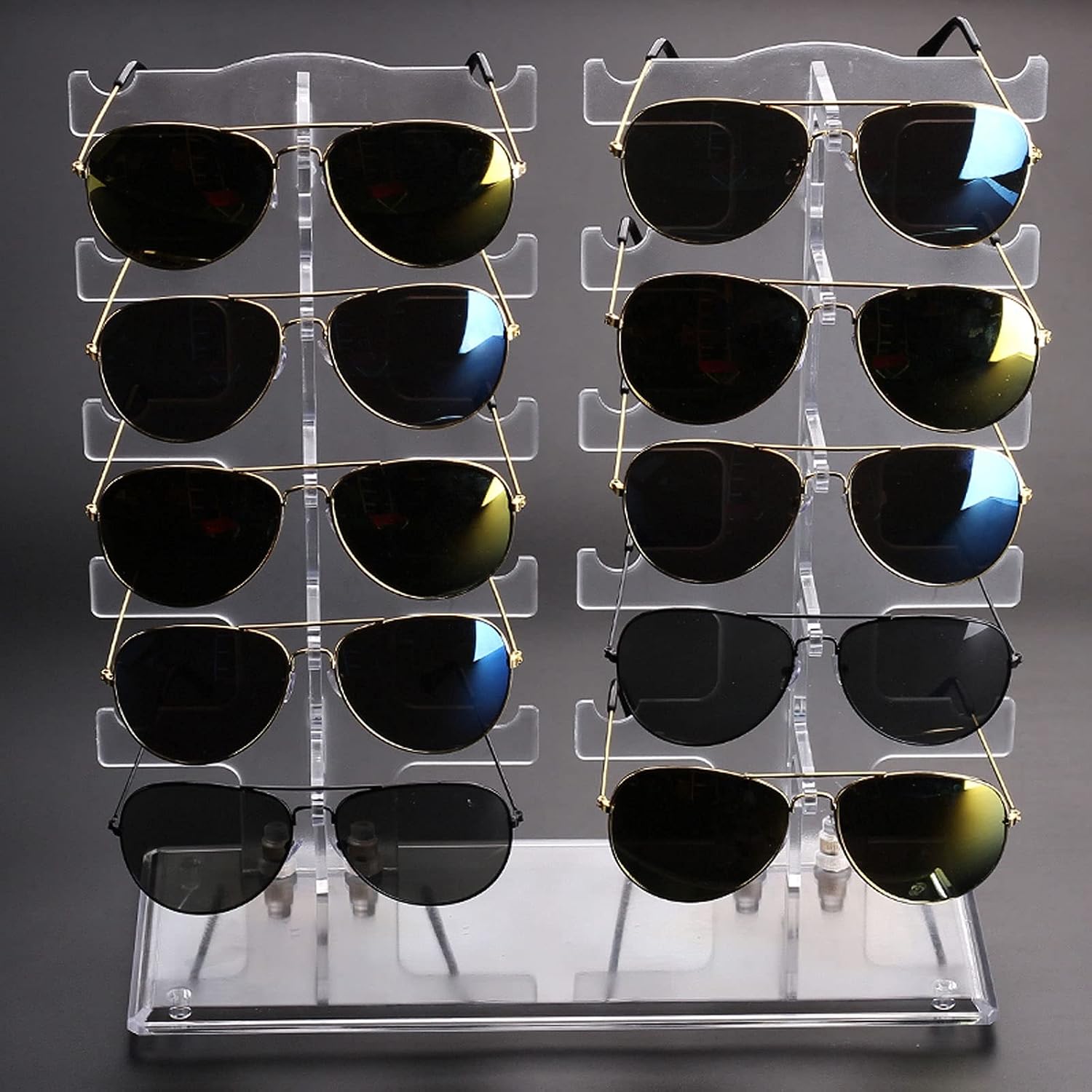 Eyeglass Displays Two Row Eyeglasses Sunglasses Storage Display Stand Holder Organizer Case Show Rack Acrylic Eyewear Display Stand for 10 Glasses, Water Clear Display Risers