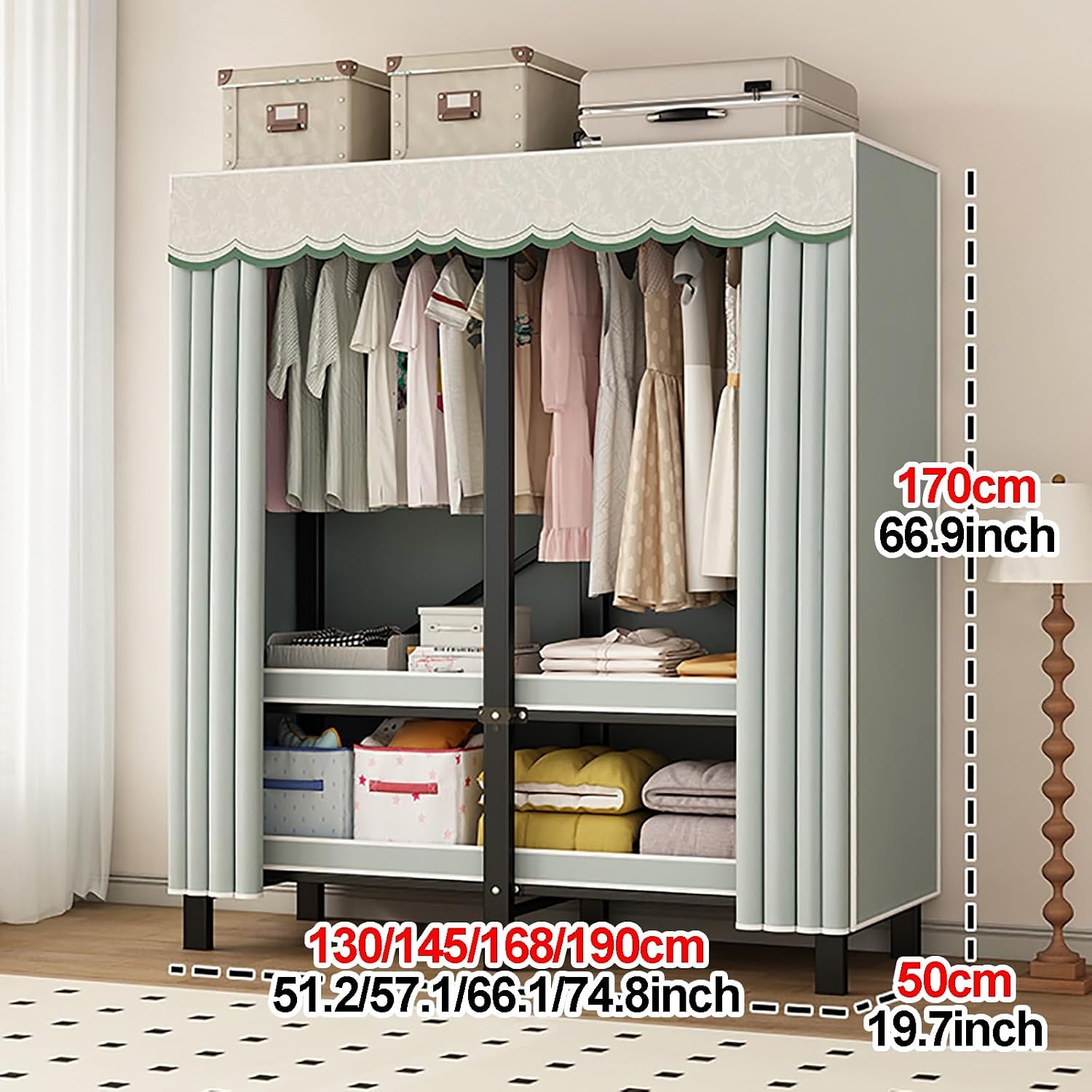 Foldable Clothe Rack With Cover, Portable Wardrobe Closet, Garment Rack For Hanging Clothes Rack, Curtain Metal Clothing Organizer, For Bedroom(Blue,190cm/74.8inch)