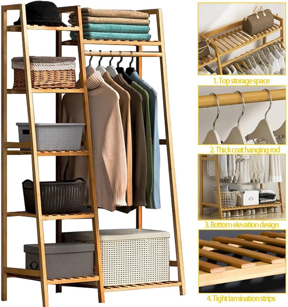 Floor-Standing Solid Wood Rotating Coat Rack，Stylish Bamboo Coat Rack - Free Standing Garment Rack with 7 Shelves & Top Rod, Heavy Duty Wardrobe Closet for Bedroom, Max Load 220lbs, Modern S