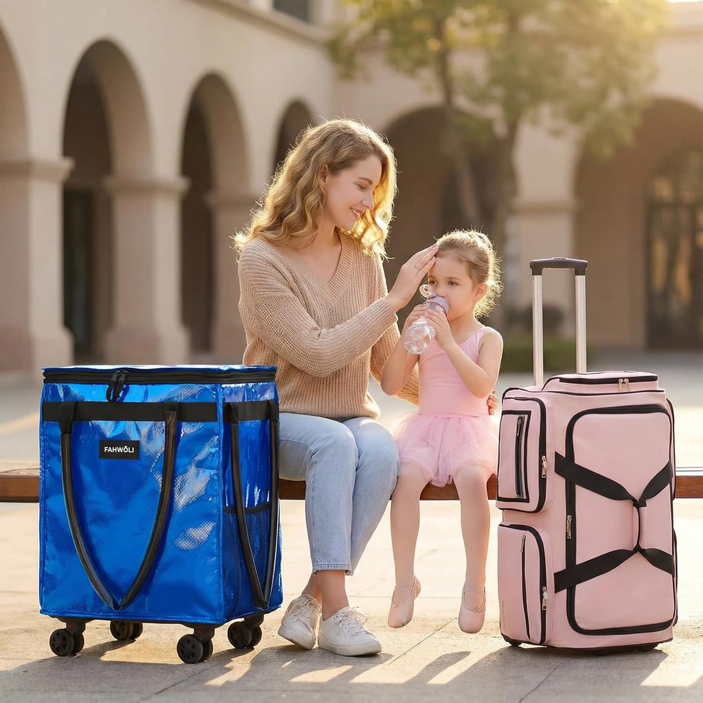 Fanwoli Dancer's Mobile Combo:80L Reusable Grocery Bag on Wheels + 23' Dance Bag with Garment Rack|Upgrade Stability, Simplify Your Move| Ideal for Competitions, Rehearsals & Daily Errands