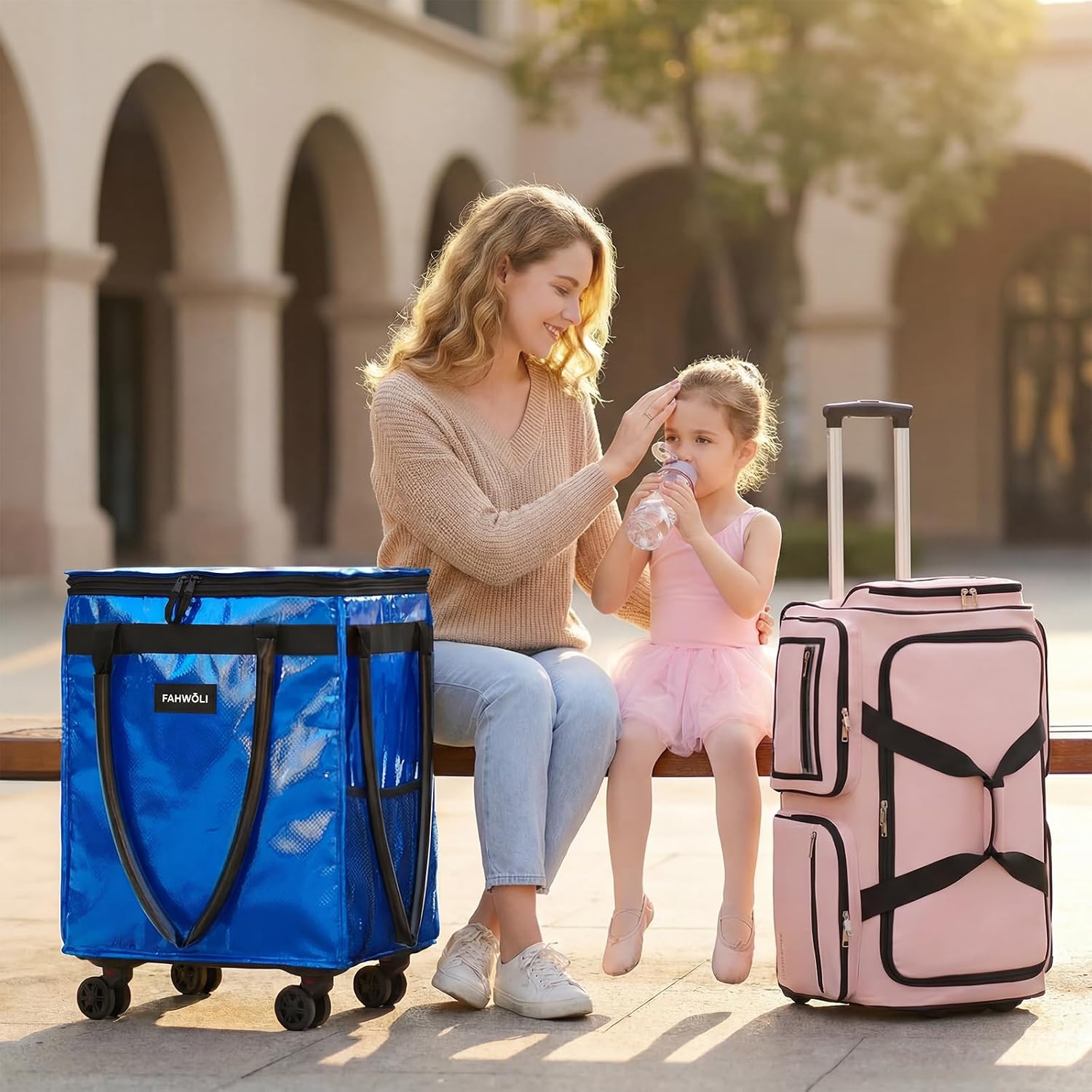 Fanwoli Dancer's Mobile Combo:80L Reusable Grocery Bag on Wheels + 23' Dance Bag with Garment Rack|Upgrade Stability, Simplify Your Move| Ideal for Competitions, Rehearsals & Daily Errands