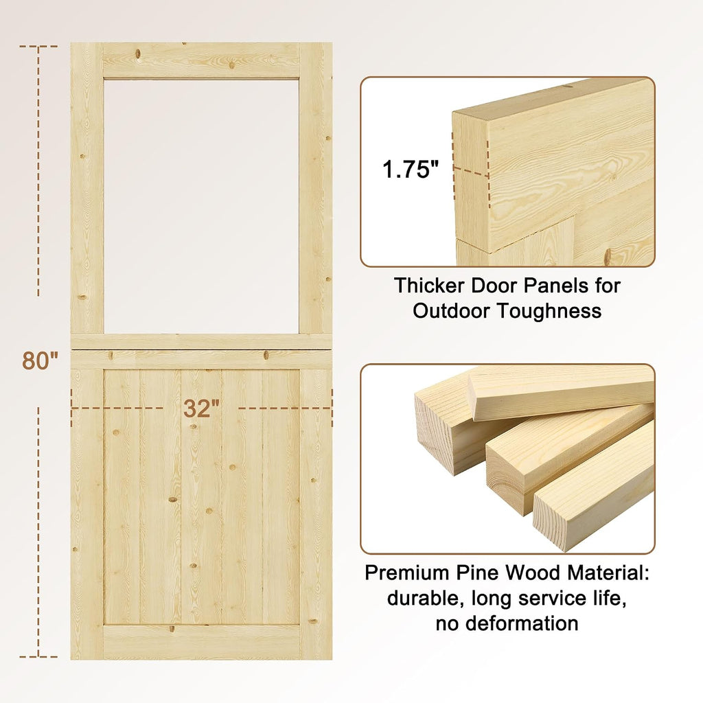 Interior & Exterior Dutch Door Slab, 32' x 80', Universal Tempered Clear Glass Split Single Doors, Solid Core Home Door, Natural Pine Wood - with 4 Black Hinges & 1 Latch, Without Jamb