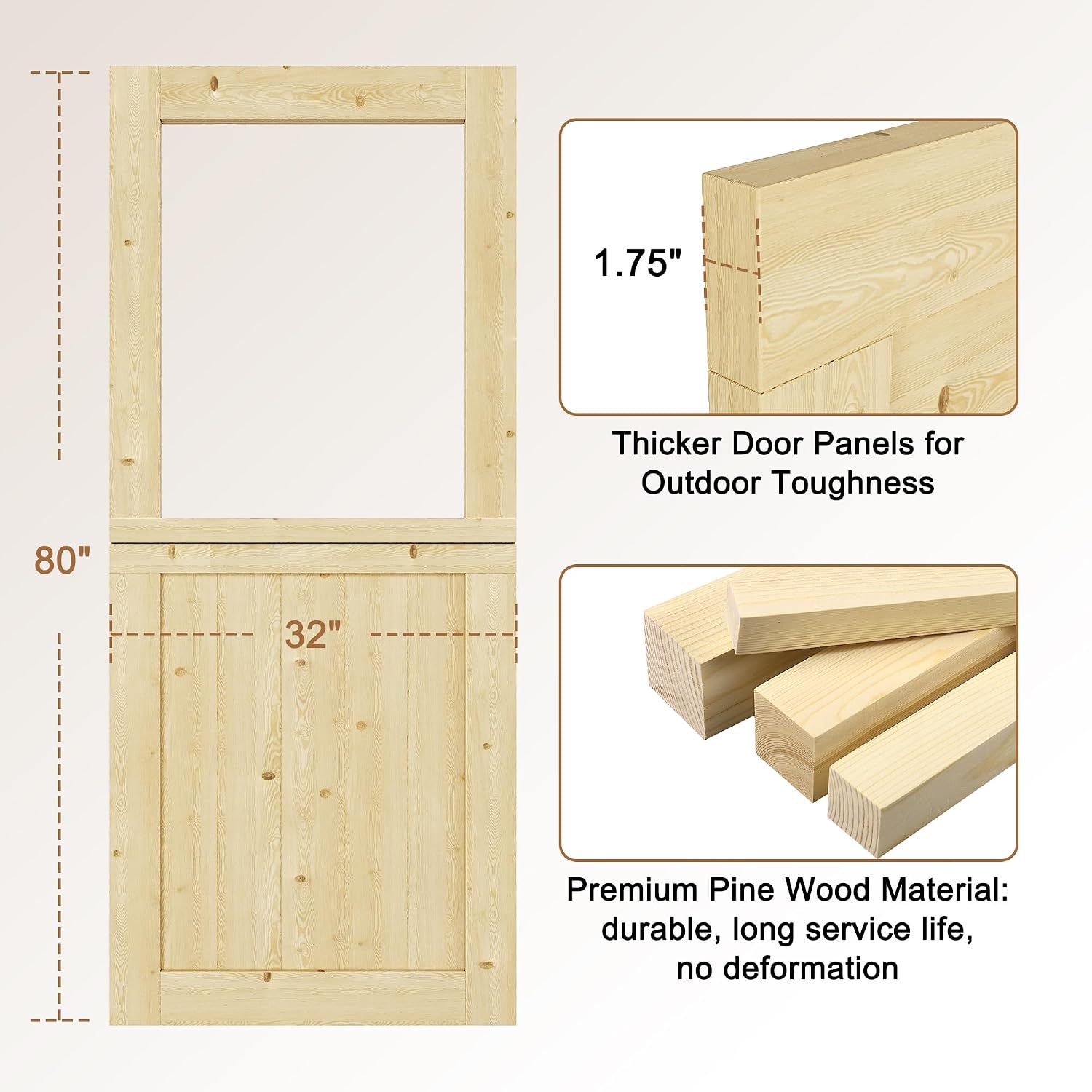 Interior & Exterior Dutch Door Slab, 32' x 80', Universal Tempered Clear Glass Split Single Doors, Solid Core Home Door, Natural Pine Wood - with 4 Black Hinges & 1 Latch, Without Jamb