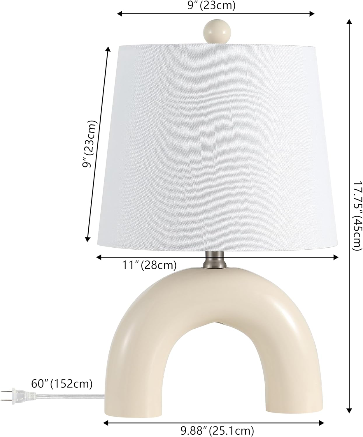 JONATHAN Y 17.75' Almond Modern Ceramic Arch Table Lamp Set of 2 for Bedroom, Scandinavian Minimalist Bedside Lamps with White Linen Shade, LED Bulbs Included JYL5503A-SET2