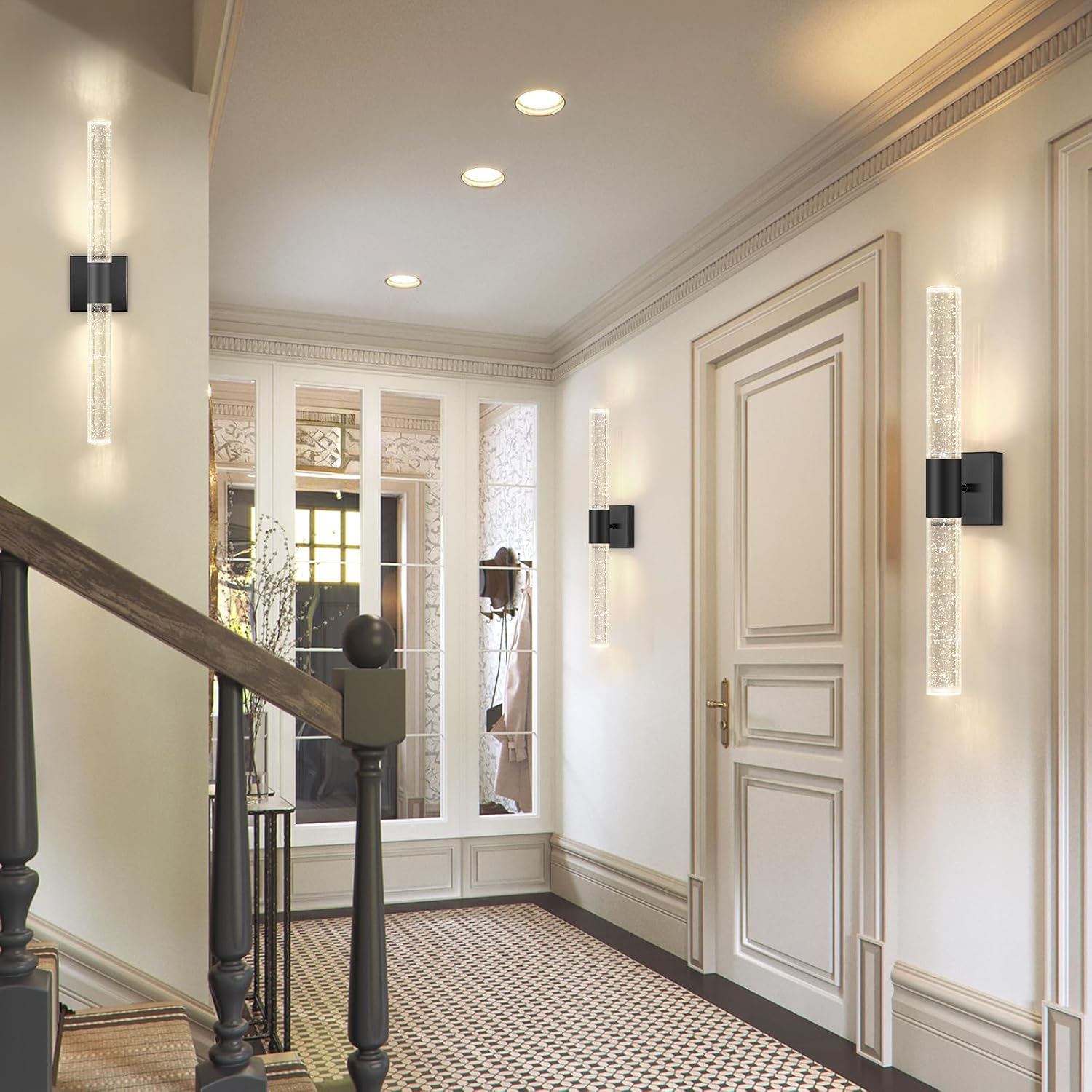 Black LED Wall Sconces Set of 2 with LED Warm Light Interior Glam Crystal Wall Light, Hardwired