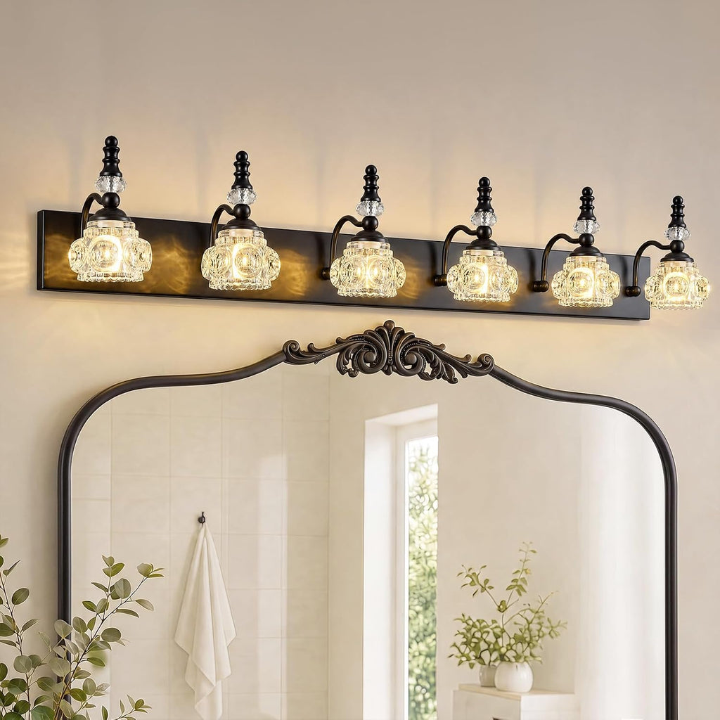 Modern Crystal Bathroom Vanity Light Black Vintage Bathroom Light Fixtures 6-Lights Glass Crystal Vanity Lights