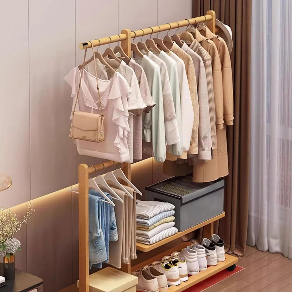 Bamboo Clothing Rack Coat Stand Free Standing Clothes Hanging Rail Garment Rack with Storage Shelves, Hanger Hooks and Pants Hanger, Open Wardrobe for Bedroom Living Room Hallway